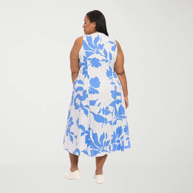 London Times Womens Plus Midi V Neck Sleeveless Floral Fit + Flare Dress