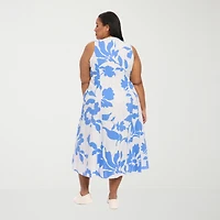London Times Womens Plus Midi V Neck Sleeveless Floral Fit + Flare Dress