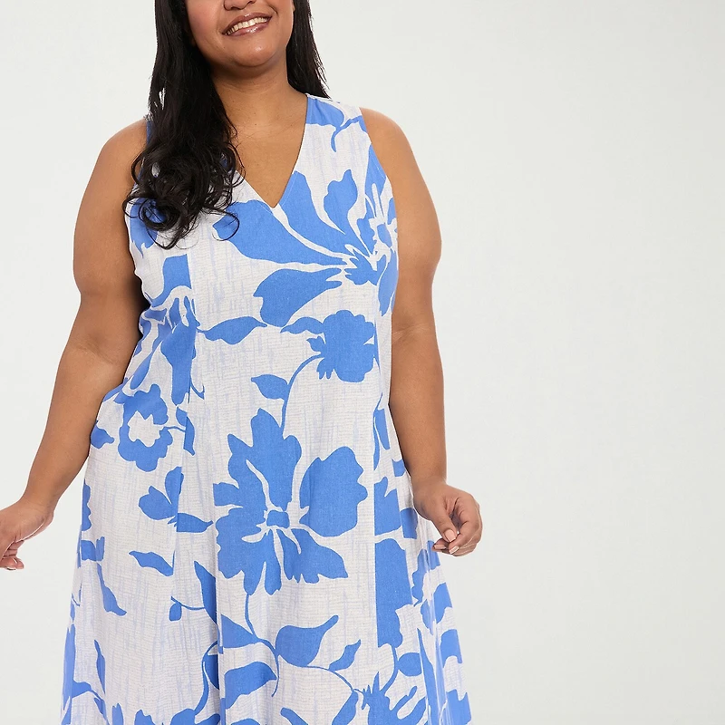 London Times Womens Plus Midi V Neck Sleeveless Floral Fit + Flare Dress