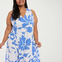 London Times Womens Plus Midi V Neck Sleeveless Floral Fit + Flare Dress