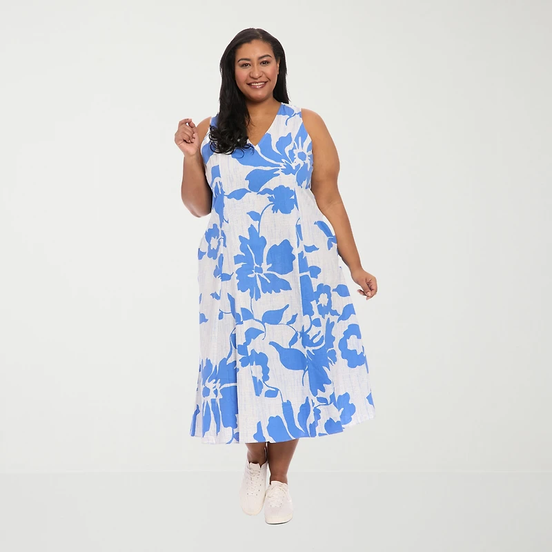 London Times Womens Plus Midi V Neck Sleeveless Floral Fit + Flare Dress