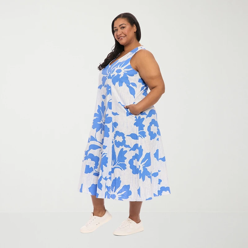 London Times Womens Plus Midi V Neck Sleeveless Floral Fit + Flare Dress