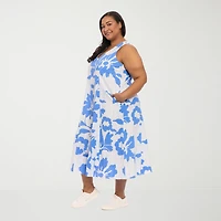 London Times Womens Plus Midi V Neck Sleeveless Floral Fit + Flare Dress