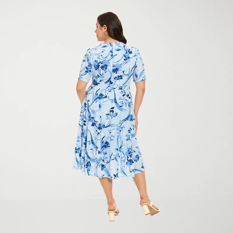 London Times Womens Plus Midi V Neck Short Sleeve Fitted Abstract Fit + Flare Dress