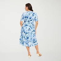 London Times Womens Plus Midi V Neck Short Sleeve Fitted Abstract Fit + Flare Dress