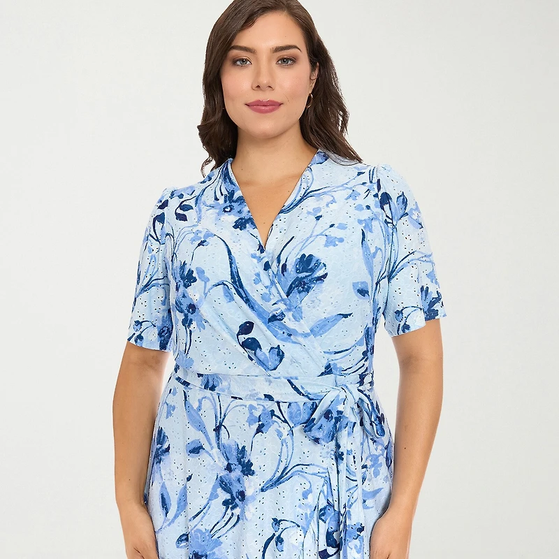 London Times Womens Plus Midi V Neck Short Sleeve Fitted Abstract Fit + Flare Dress