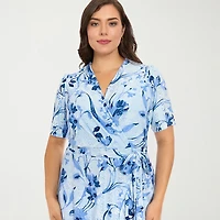 London Times Womens Plus Midi V Neck Short Sleeve Fitted Abstract Fit + Flare Dress
