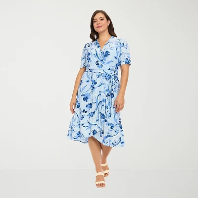 London Times Womens Plus Midi V Neck Short Sleeve Fitted Abstract Fit + Flare Dress