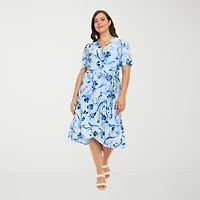 London Times Womens Plus Midi V Neck Short Sleeve Fitted Abstract Fit + Flare Dress