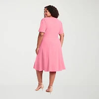 London Times Womens Plus Midi Round Neck Short Sleeve Puffed Fit + Flare Dress