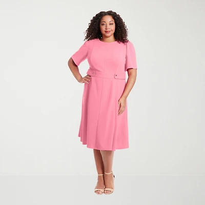 London Times Womens Plus Midi Round Neck Short Sleeve Puffed Fit + Flare Dress