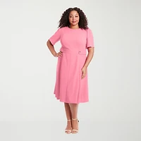 London Times Womens Plus Midi Round Neck Short Sleeve Puffed Fit + Flare Dress