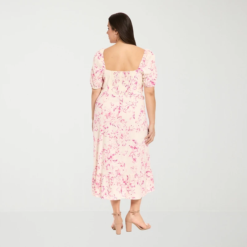 London Times Womens Plus Midi Square Neck Short Sleeve Floral Fit + Flare Dress