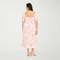 London Times Womens Plus Midi Square Neck Short Sleeve Floral Fit + Flare Dress