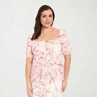 London Times Womens Plus Midi Square Neck Short Sleeve Floral Fit + Flare Dress