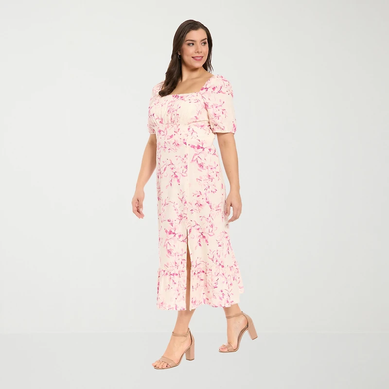 London Times Womens Plus Midi Square Neck Short Sleeve Floral Fit + Flare Dress