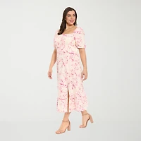 London Times Womens Plus Midi Square Neck Short Sleeve Floral Fit + Flare Dress