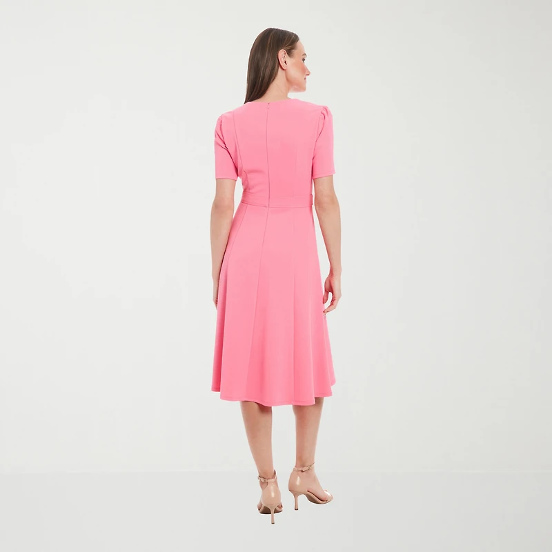 London Times Womens Petite Midi Round Neck Short Sleeve Puffed Fit + Flare Dress