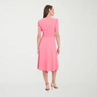 London Times Womens Petite Midi Round Neck Short Sleeve Puffed Fit + Flare Dress