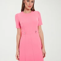London Times Womens Petite Midi Round Neck Short Sleeve Puffed Fit + Flare Dress