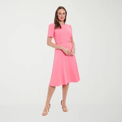 London Times Womens Petite Midi Round Neck Short Sleeve Puffed Fit + Flare Dress