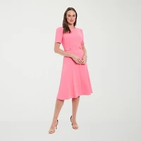 London Times Womens Petite Midi Round Neck Short Sleeve Puffed Fit + Flare Dress