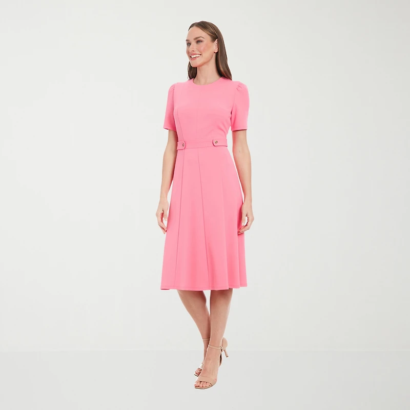 London Times Womens Petite Midi Round Neck Short Sleeve Puffed Fit + Flare Dress