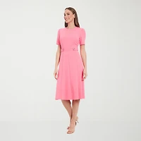 London Times Womens Petite Midi Round Neck Short Sleeve Puffed Fit + Flare Dress
