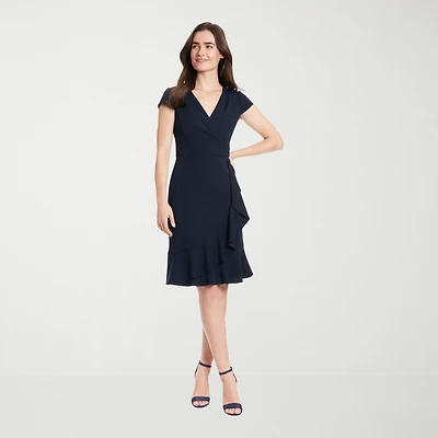 London Times Womens Petite V Neck Short Sleeve Cap Fit + Flare Dress