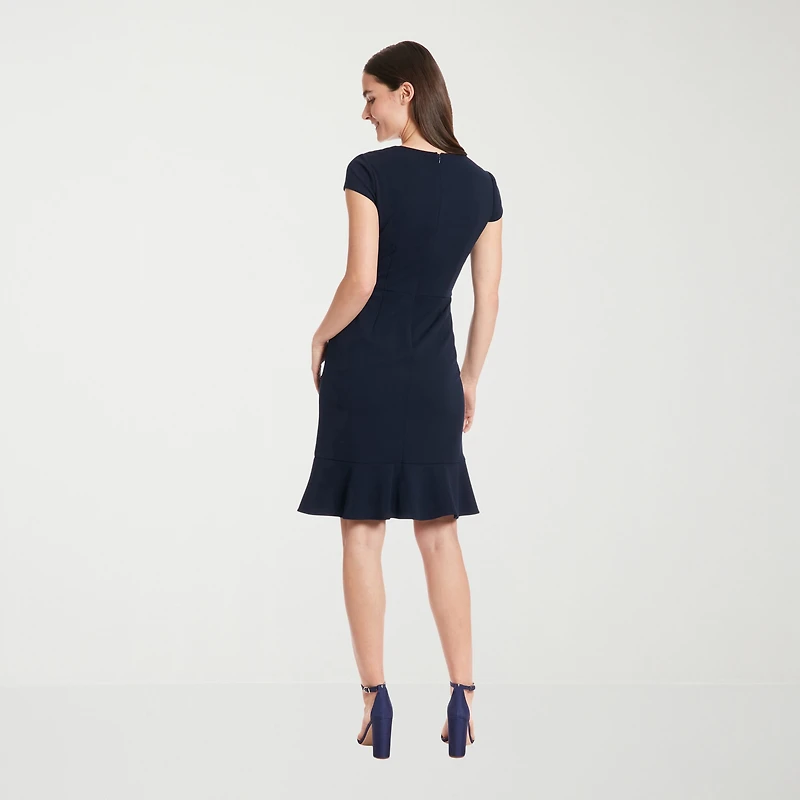 London Times Womens Petite V Neck Short Sleeve Cap Fit + Flare Dress