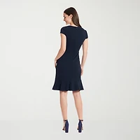 London Times Womens Petite V Neck Short Sleeve Cap Fit + Flare Dress