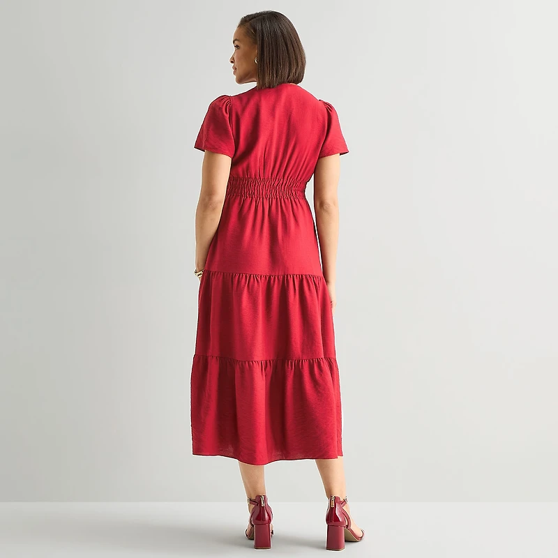 Liz Claiborne Womens Midi Split Crew Neck Short Sleeve Peasant Dress