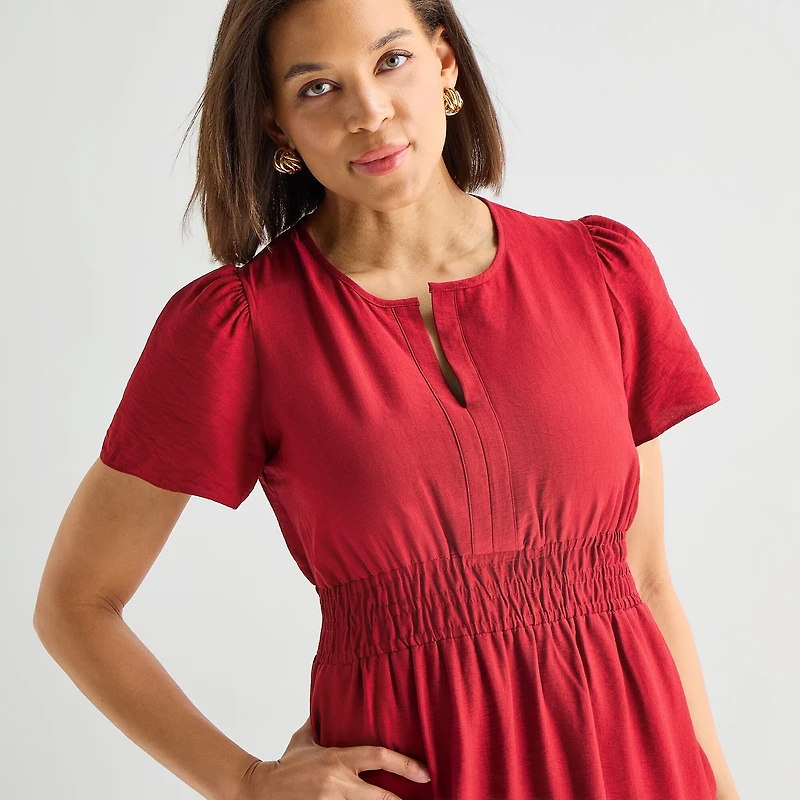 Liz Claiborne Womens Midi Split Crew Neck Short Sleeve Peasant Dress