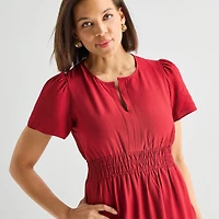 Liz Claiborne Womens Midi Split Crew Neck Short Sleeve Peasant Dress
