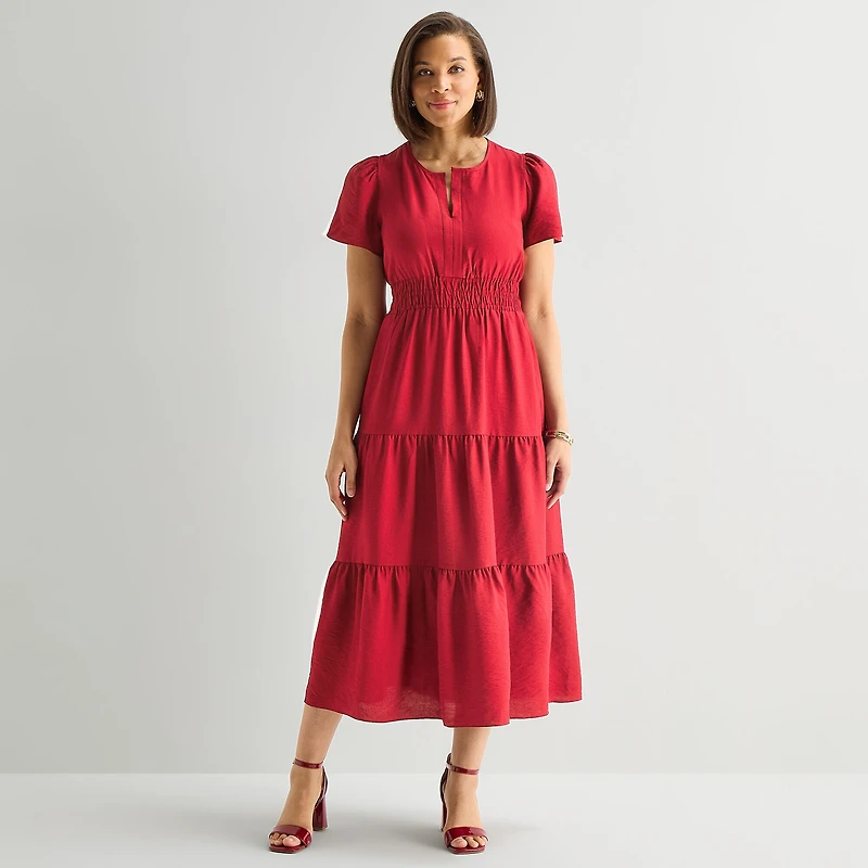 Liz Claiborne Womens Midi Split Crew Neck Short Sleeve Peasant Dress