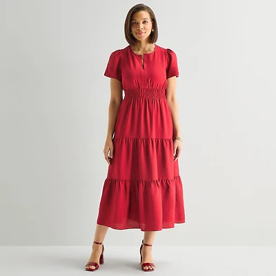 Liz Claiborne Womens Midi Split Crew Neck Short Sleeve Peasant Dress