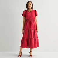 Liz Claiborne Womens Midi Split Crew Neck Short Sleeve Peasant Dress