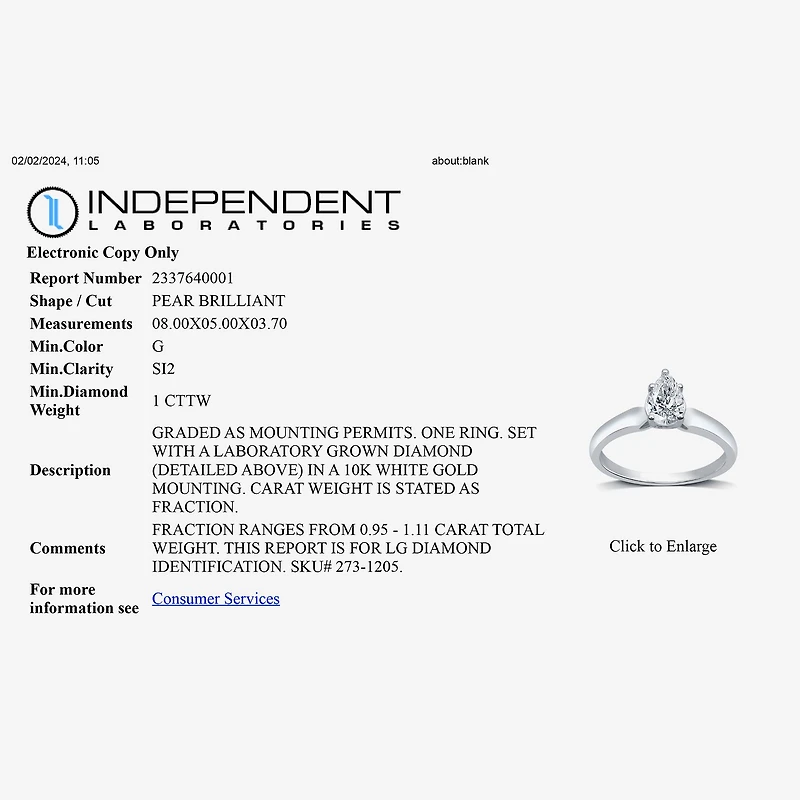 1 CT. Lab-Grown (G / SI2) Diamond Pear Solitaire Engagement Ring 10K or 14K Gold