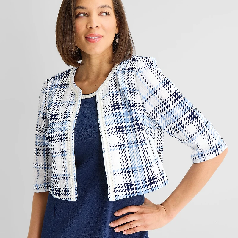 Maya Brooke Womens Embellished Plaid Jacket Dress