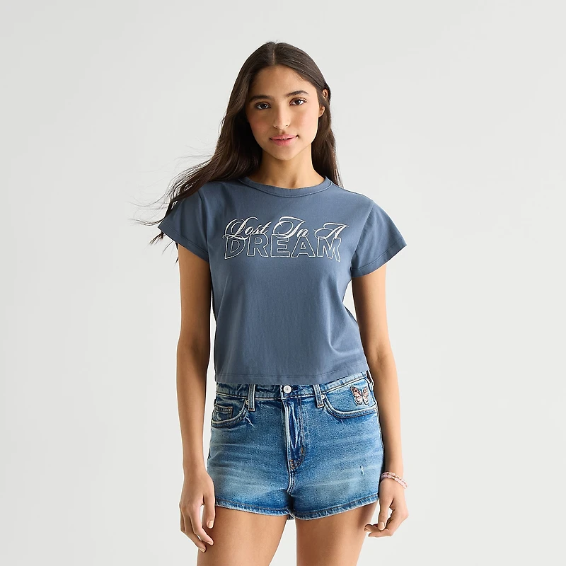 Arizona Womens Juniors Round Neck Short Sleeve Classic Fit Graphic T-Shirt