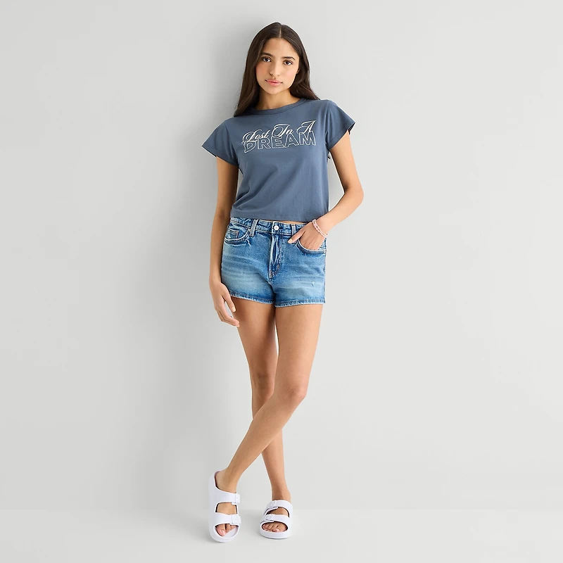Arizona Womens Juniors Round Neck Short Sleeve Classic Fit Graphic T-Shirt