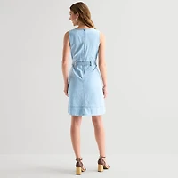 Liz Claiborne Womens Midi V Neck Sleeveless Belted Shift Dress