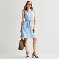 Liz Claiborne Womens Midi V Neck Sleeveless Belted Shift Dress