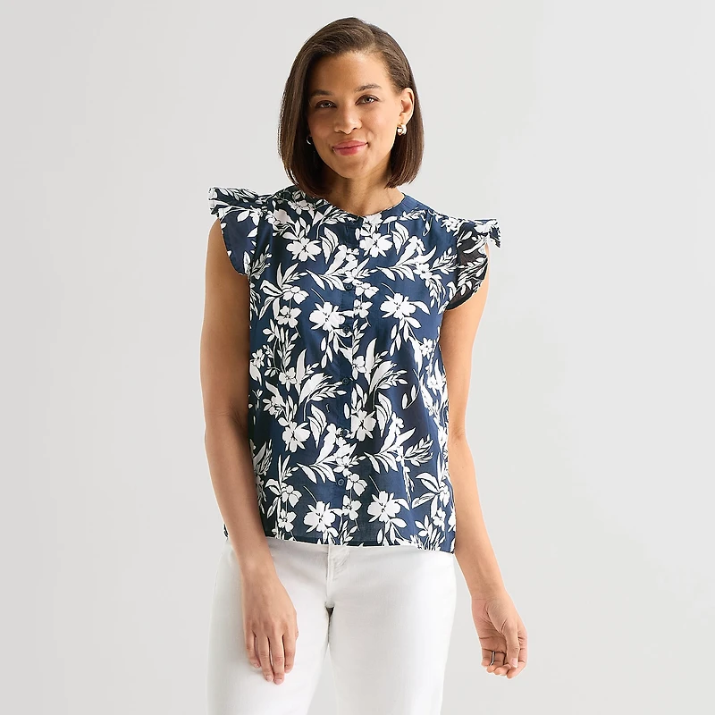 Liz Claiborne Cotton Womens Crew Neck Sleeveless Blouse
