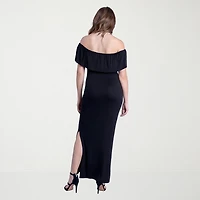 24seven Comfort Apparel Womens Straight Neck Short Sleeve Ruffled Maxi Dress