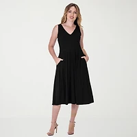 24seven Comfort Apparel Womens Midi V Neck Sleeveless Fit + Flare Dress