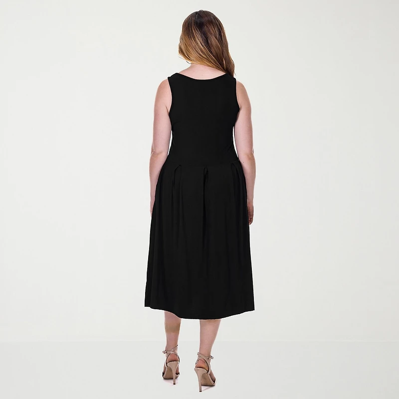 24seven Comfort Apparel Womens Midi V Neck Sleeveless Fit + Flare Dress