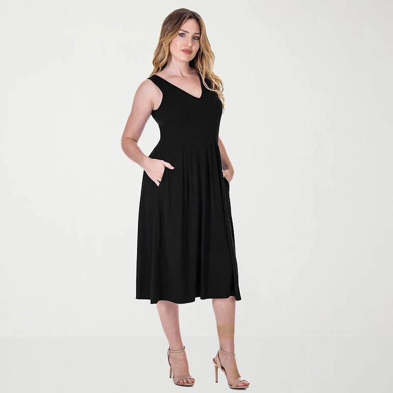 24seven Comfort Apparel Womens Midi V Neck Sleeveless Fit + Flare Dress