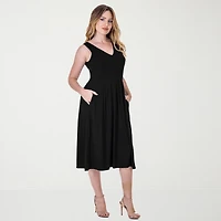 24seven Comfort Apparel Womens Midi V Neck Sleeveless Fit + Flare Dress