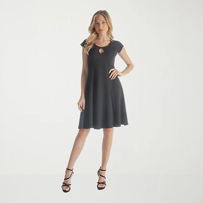 24seven Comfort Apparel Womens Keyhole Neck Short Sleeve Cap Fit + Flare Dress